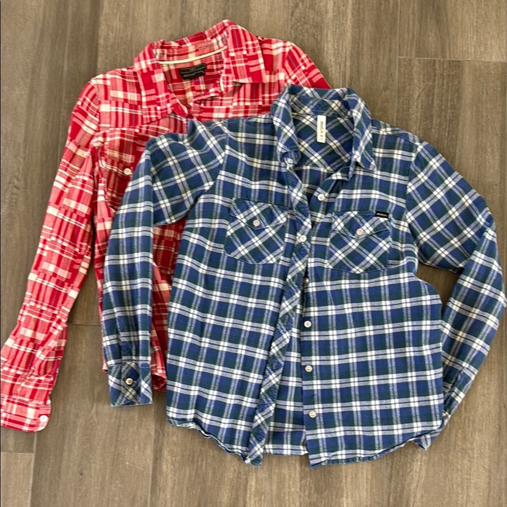 RVCA & Obey Women's Plaid Button Down Shirts - Red and Blue